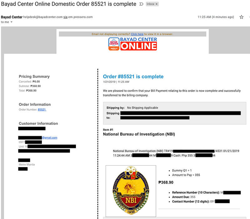 NBI Clearance Online Quick Renewal Bayad Center Email Confirmation