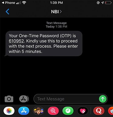 NBI Online One Time Password (OTP) Text Message