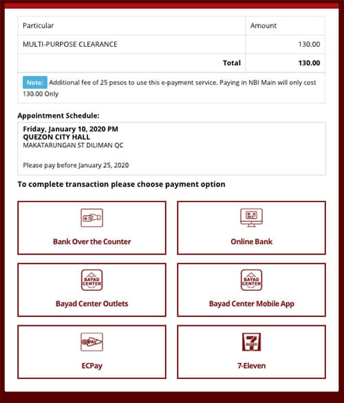 NBI Clearance Online List of Payment Option